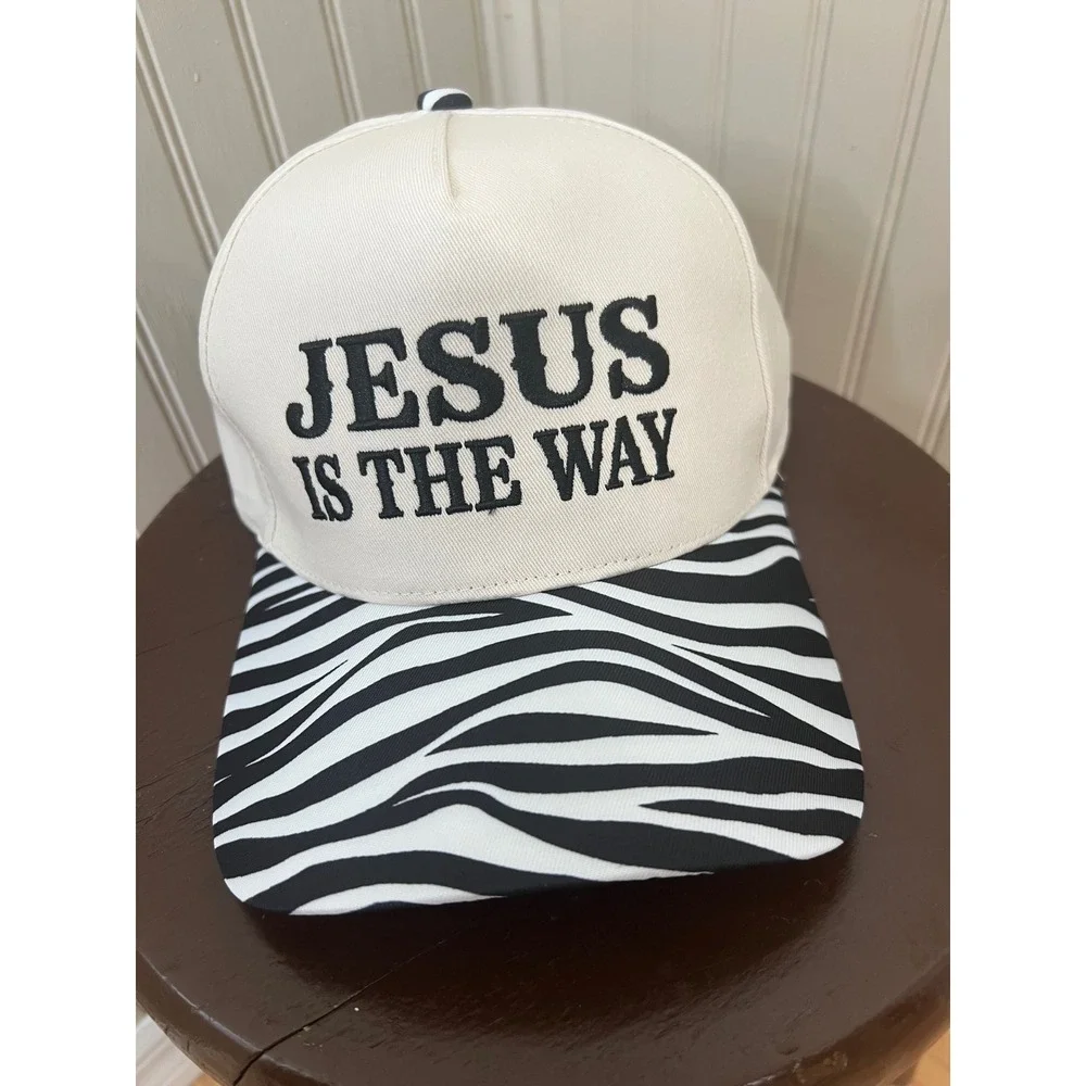Jesus Is The Way Snapback Hat Zebra Print Brim Cream Christian Trucker Cap NEW